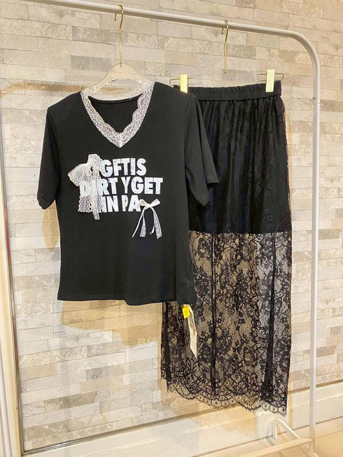 Spring Trendy Aesthetic Lacey Skirt With T-Shirts Sets